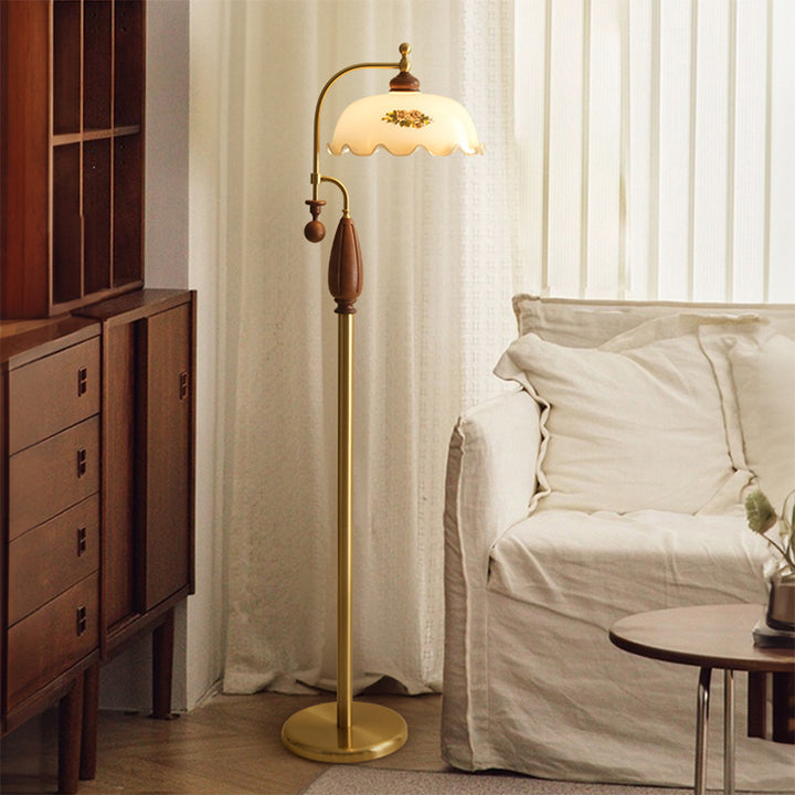 Traditional Chinese Floor Lamp – 1-Light Dome Glass Shade with Ash Wood &amp; Metal Frame for Living Room