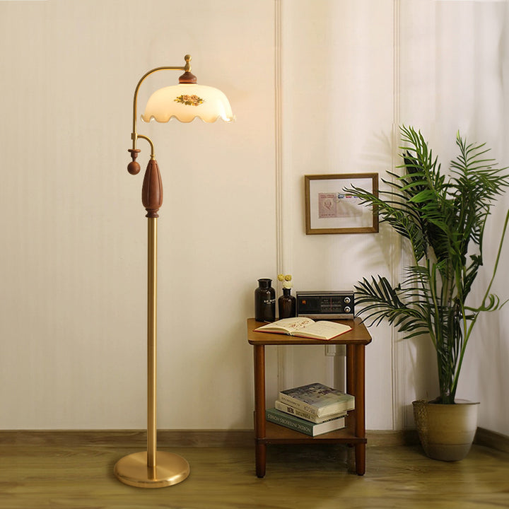 Traditional Chinese Floor Lamp – 1-Light Dome Glass Shade with Ash Wood &amp; Metal Frame for Living Room