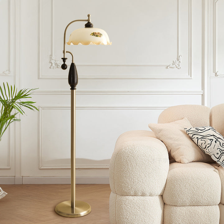 Traditional Chinese Floor Lamp – 1-Light Dome Glass Shade with Ash Wood &amp; Metal Frame for Living Room