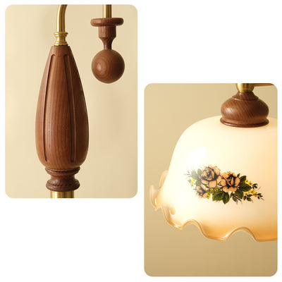 Traditionelle chinesische Kuppelglas-Asche-Holz-Metall-Stehlampe mit 1 Licht für Wohnzimmer 