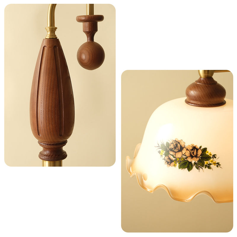Traditionelle chinesische Kuppelglas-Asche-Holz-Metall-Stehlampe mit 1 Licht für Wohnzimmer 