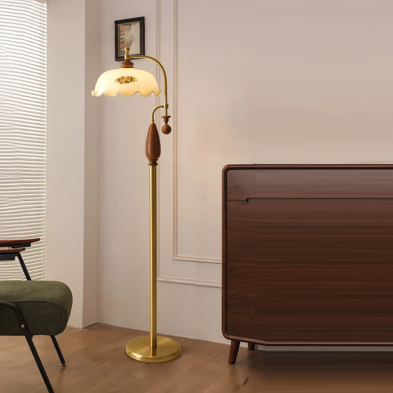 Traditionelle chinesische Kuppelglas-Asche-Holz-Metall-Stehlampe mit 1 Licht für Wohnzimmer 
