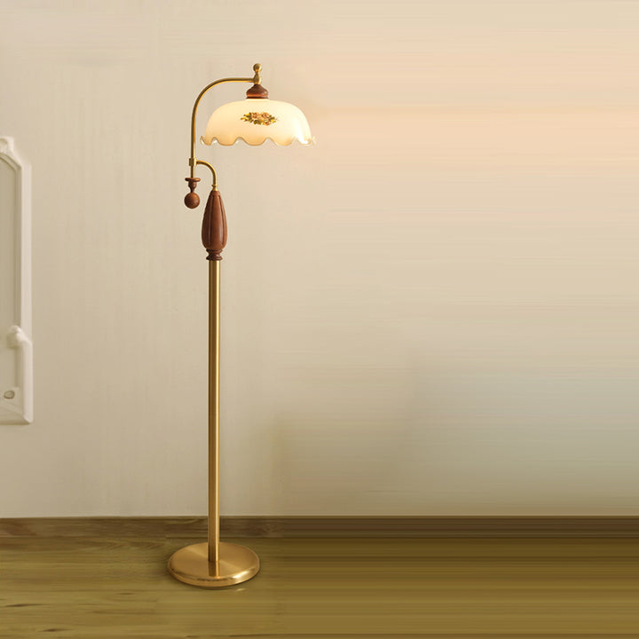Traditional Chinese Floor Lamp – 1-Light Dome Glass Shade with Ash Wood &amp; Metal Frame for Living Room