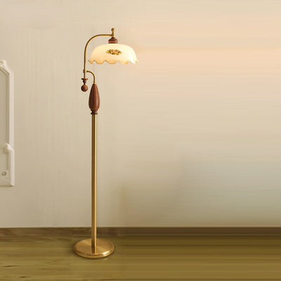 Traditionelle chinesische Kuppelglas-Asche-Holz-Metall-Stehlampe mit 1 Licht für Wohnzimmer 