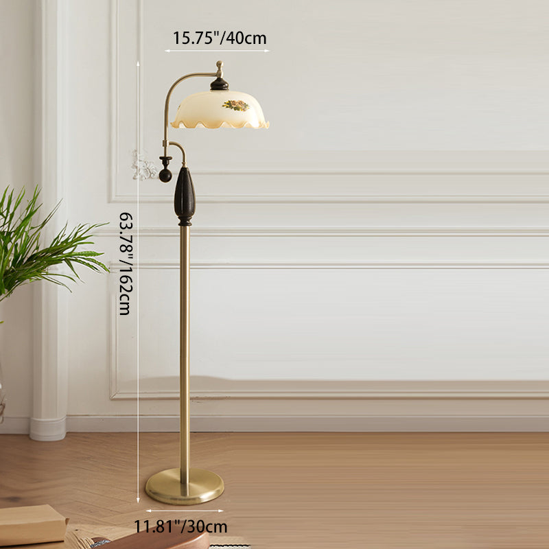 Traditional Chinese Floor Lamp – 1-Light Dome Glass Shade with Ash Wood &amp; Metal Frame for Living Room