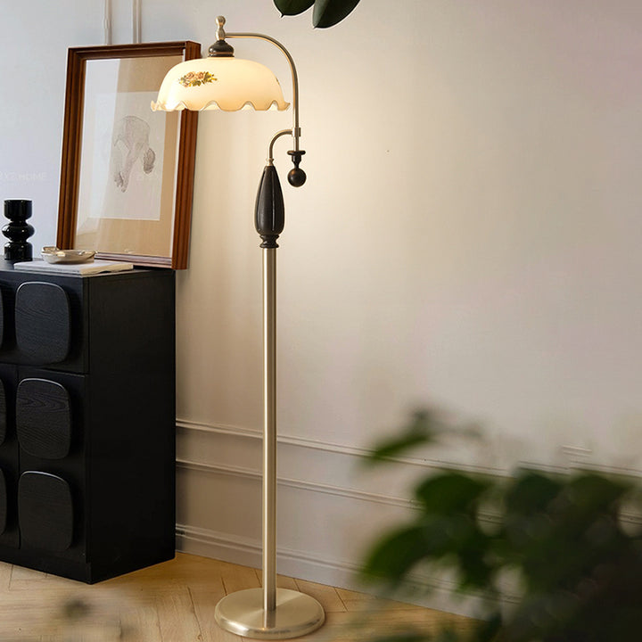 Traditional Chinese Floor Lamp – 1-Light Dome Glass Shade with Ash Wood &amp; Metal Frame for Living Room