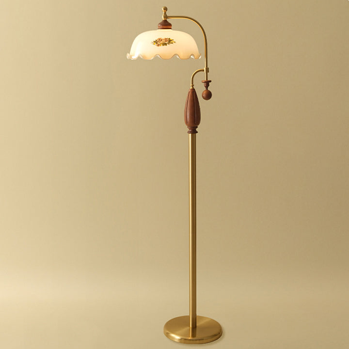 Traditional Chinese Floor Lamp – 1-Light Dome Glass Shade with Ash Wood &amp; Metal Frame for Living Room