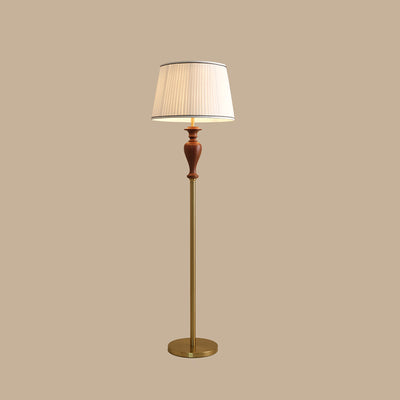 Lámpara de pie de 1 luz de madera de fresno en forma de cono truncado francés tradicional con tela y metal para sala de estar 
