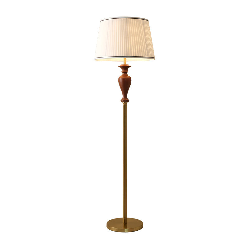 Lámpara de pie de 1 luz de madera de fresno en forma de cono truncado francés tradicional con tela y metal para sala de estar 