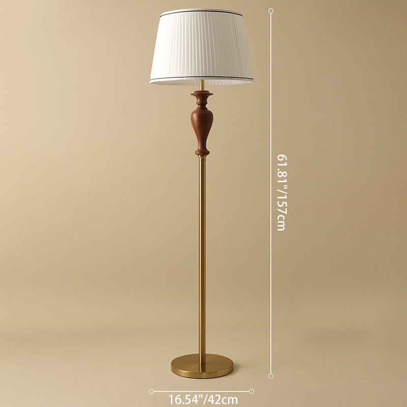 Lámpara de pie de 1 luz de madera de fresno en forma de cono truncado francés tradicional con tela y metal para sala de estar 