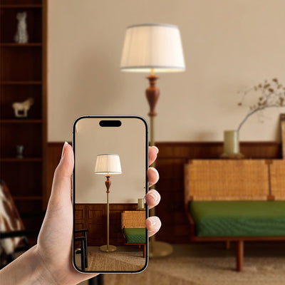 Lámpara de pie de 1 luz de madera de fresno en forma de cono truncado francés tradicional con tela y metal para sala de estar 