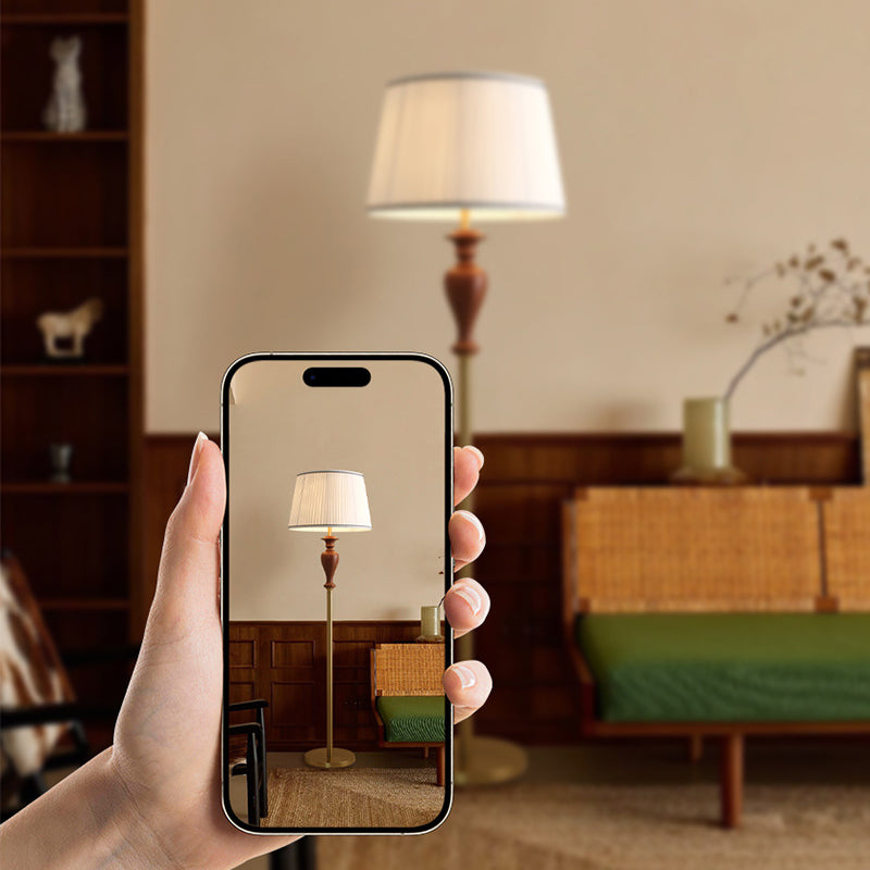 Lámpara de pie de 1 luz de madera de fresno en forma de cono truncado francés tradicional con tela y metal para sala de estar 