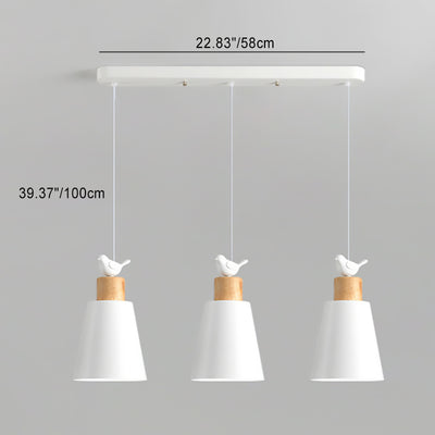 Zeitgenössischer nordischer 3-Licht-Kronleuchter – Frustum-Kegelschirme mit massivem Holz und Metall für Esszimmerinsel 