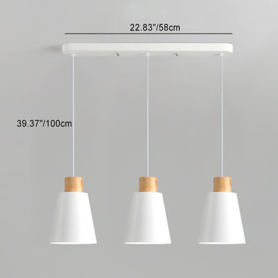 Zeitgenössischer nordischer 3-Licht-Kronleuchter – Frustum-Kegelschirme mit massivem Holz und Metall für Esszimmerinsel 