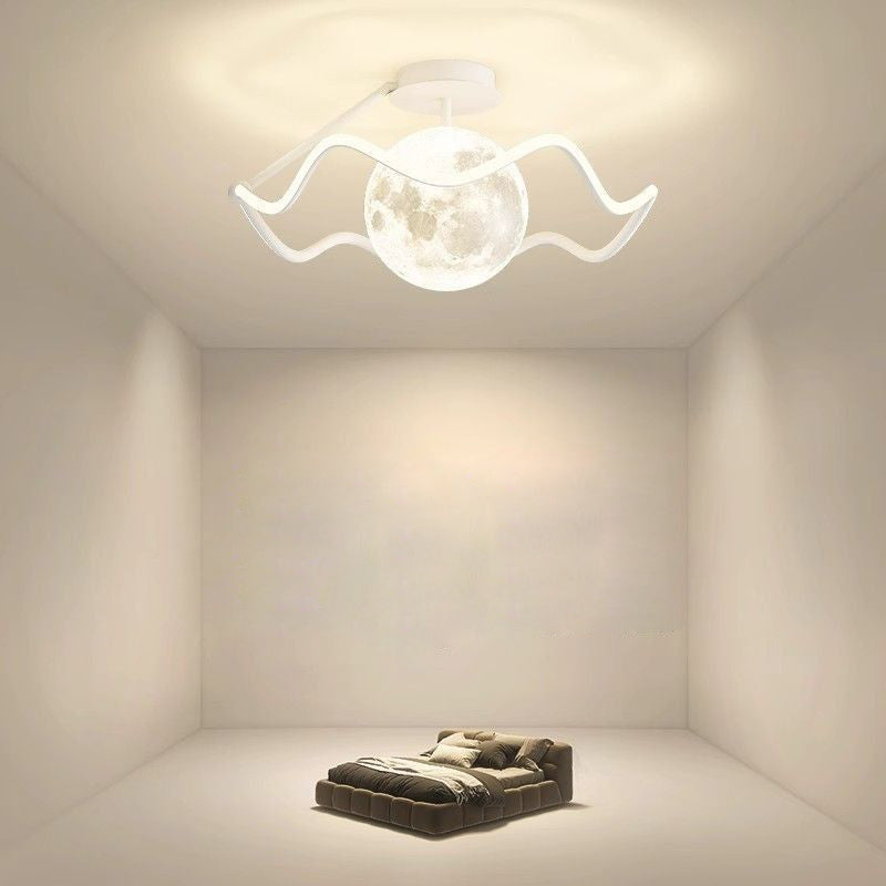 Contemporary Creative Moon LED Ceiling Light – Semi-Flush Mount in Iron, Acrylic &amp; Silicone for Bedroom