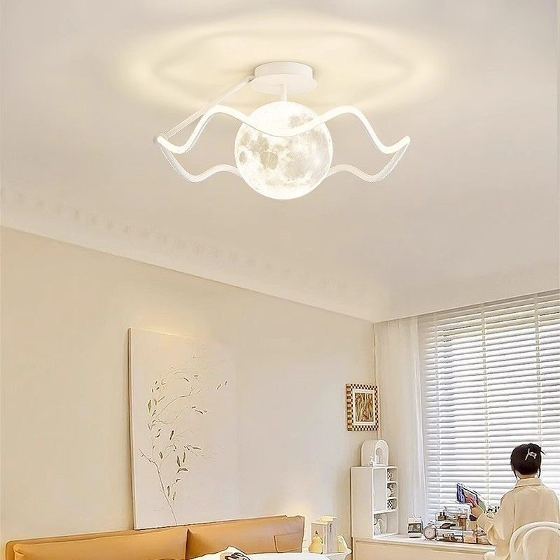 Contemporary Creative Moon LED Ceiling Light – Semi-Flush Mount in Iron, Acrylic &amp; Silicone for Bedroom