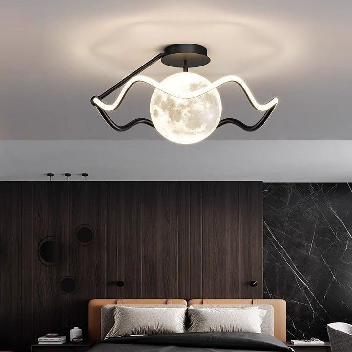 Contemporary Creative Moon LED Ceiling Light – Semi-Flush Mount in Iron, Acrylic & Silicone for Bedroom