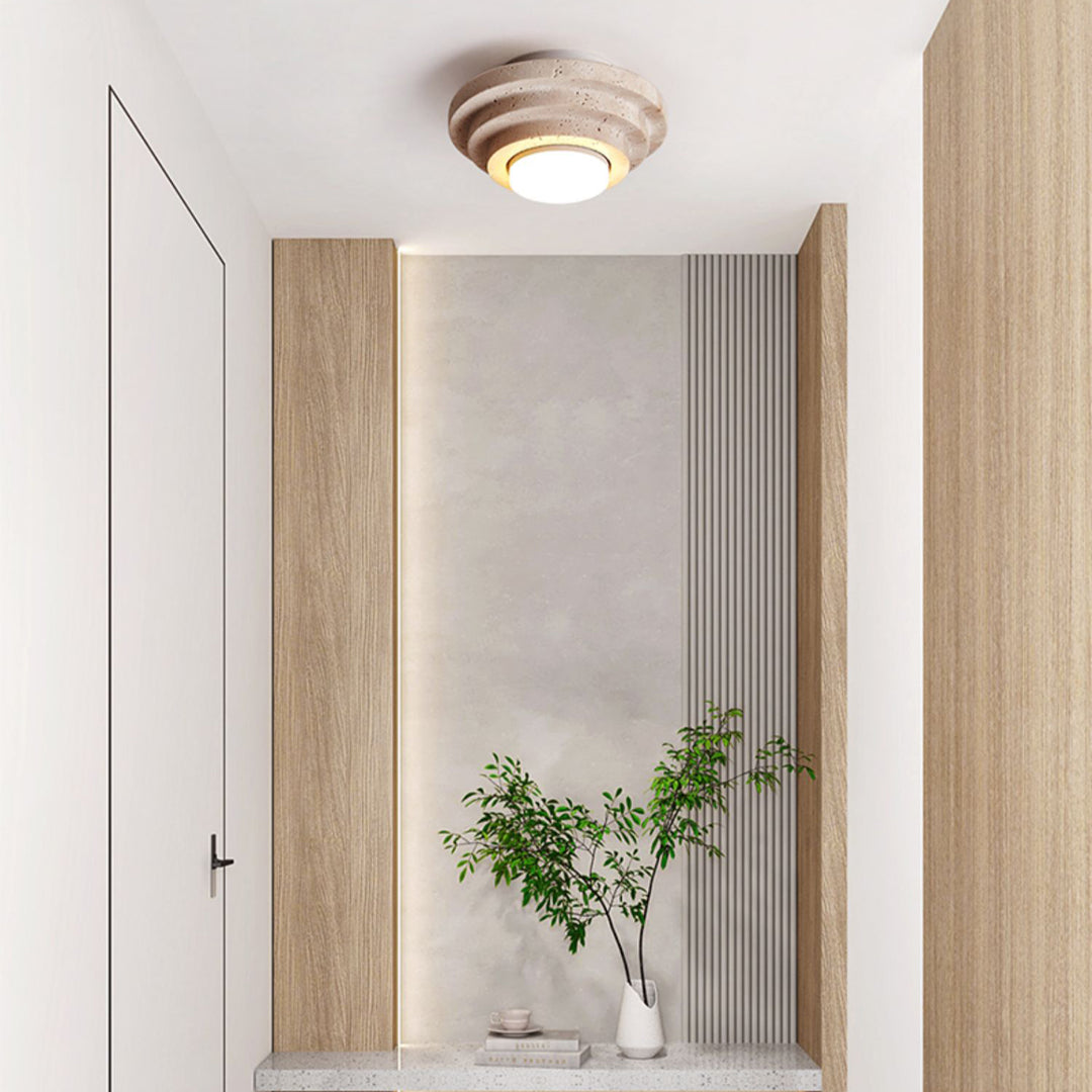 Plafonnier contemporain nordique en travertin – Monture semi-encastrée à 1 lumière pour chambre 