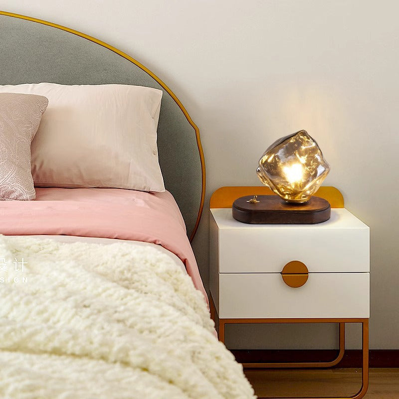 Contemporary Creative Ice Irregular Glass Aluminum Iron Wood 1-Light Table Lamp For Bedroom