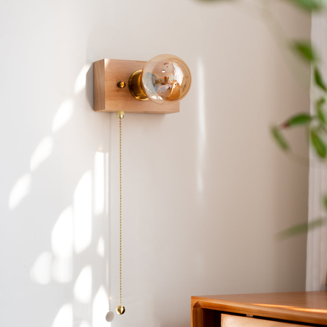 Traditionelle Vintage Rechteckige Wandleuchte aus Massivholz, Aluminium und Glas mit 1 Licht für das Schlafzimmer 