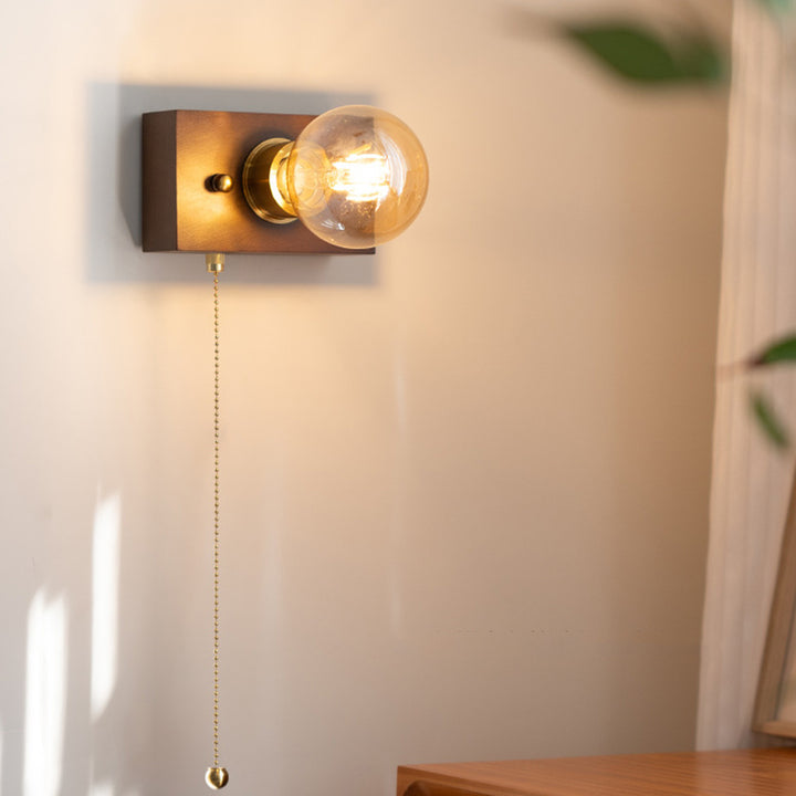 Traditionelle Vintage Rechteckige Wandleuchte aus Massivholz, Aluminium und Glas mit 1 Licht für das Schlafzimmer 