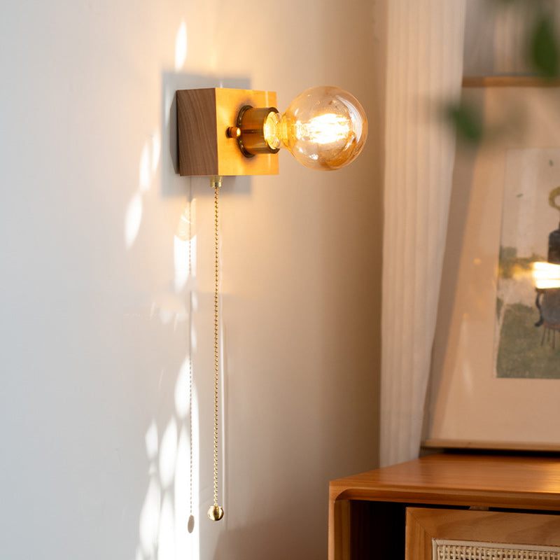 Traditionelle Vintage Rechteckige Wandleuchte aus Massivholz, Aluminium und Glas mit 1 Licht für das Schlafzimmer 