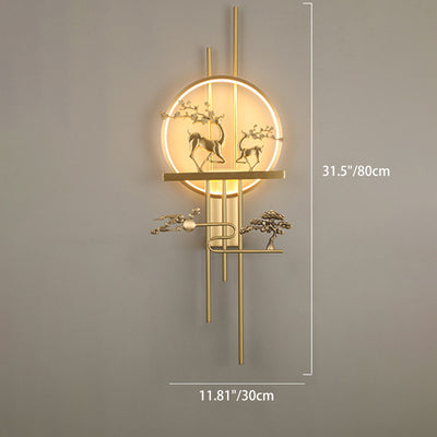 مصباح حائط LED من النحاس الأصفر بتصميم دائرة الغزلان الصينية التقليدية لغرفة المعيشة 