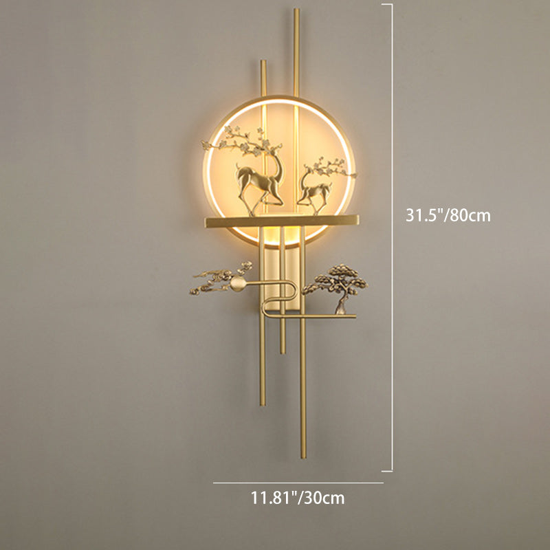 مصباح حائط LED من النحاس الأصفر بتصميم دائرة الغزلان الصينية التقليدية لغرفة المعيشة 