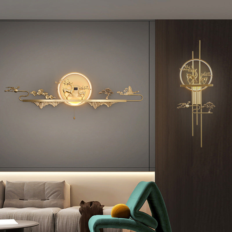 مصباح حائط LED من النحاس الأصفر بتصميم دائرة الغزلان الصينية التقليدية لغرفة المعيشة 