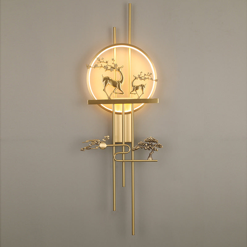 مصباح حائط LED من النحاس الأصفر بتصميم دائرة الغزلان الصينية التقليدية لغرفة المعيشة 