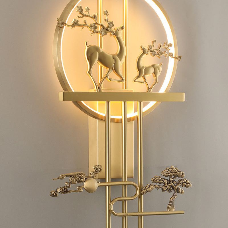 مصباح حائط LED من النحاس الأصفر بتصميم دائرة الغزلان الصينية التقليدية لغرفة المعيشة 
