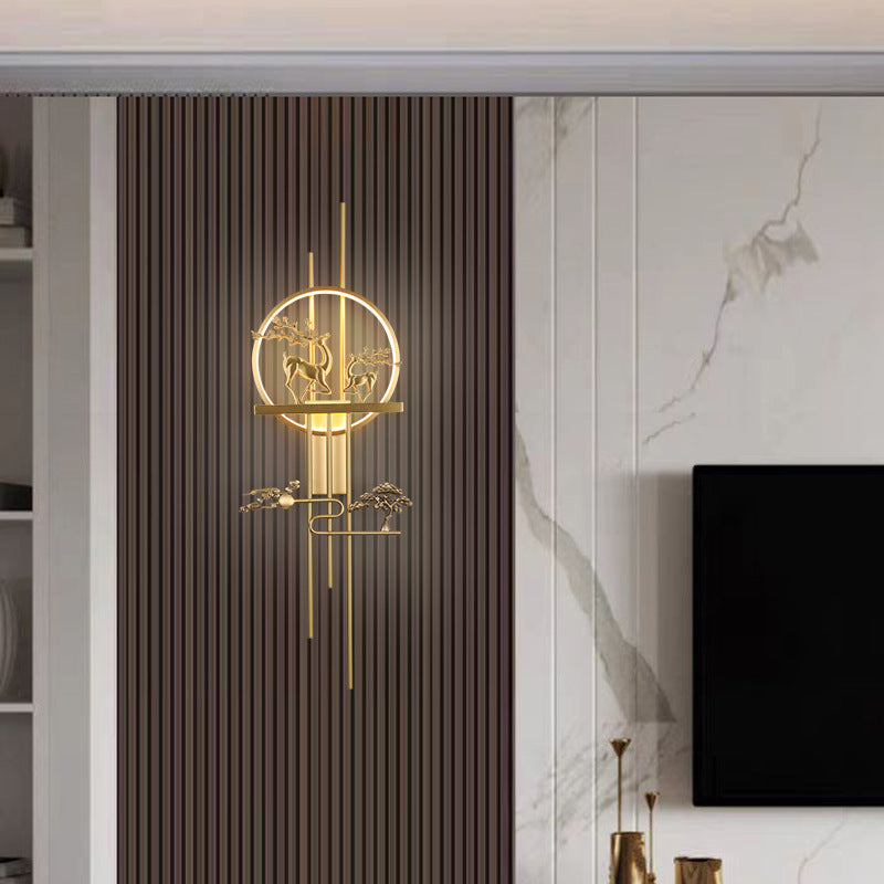 مصباح حائط LED من النحاس الأصفر بتصميم دائرة الغزلان الصينية التقليدية لغرفة المعيشة 