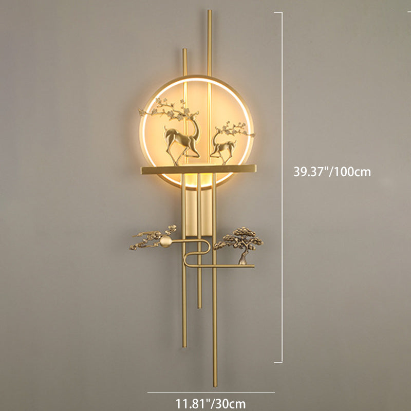 مصباح حائط LED من النحاس الأصفر بتصميم دائرة الغزلان الصينية التقليدية لغرفة المعيشة 