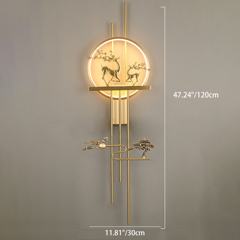مصباح حائط LED من النحاس الأصفر بتصميم دائرة الغزلان الصينية التقليدية لغرفة المعيشة 