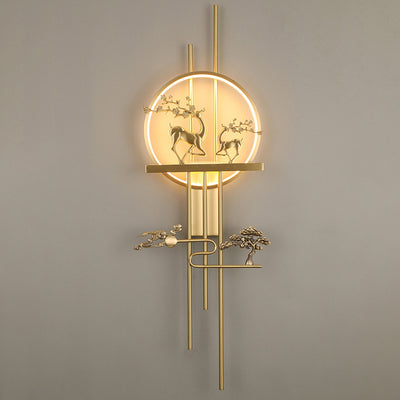 مصباح حائط LED من النحاس الأصفر بتصميم دائرة الغزلان الصينية التقليدية لغرفة المعيشة 