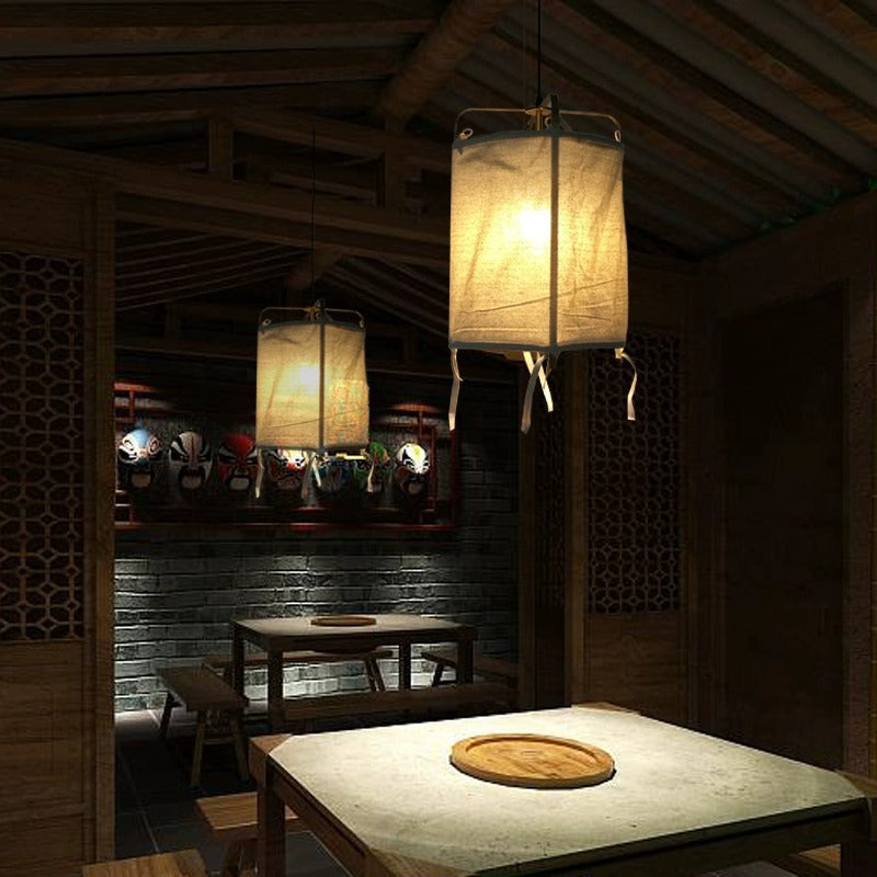 Suspension Luminaire Traditionnel Japonais Rectangulaire en Tissu de Fer à 1 Lumière pour Salon 
