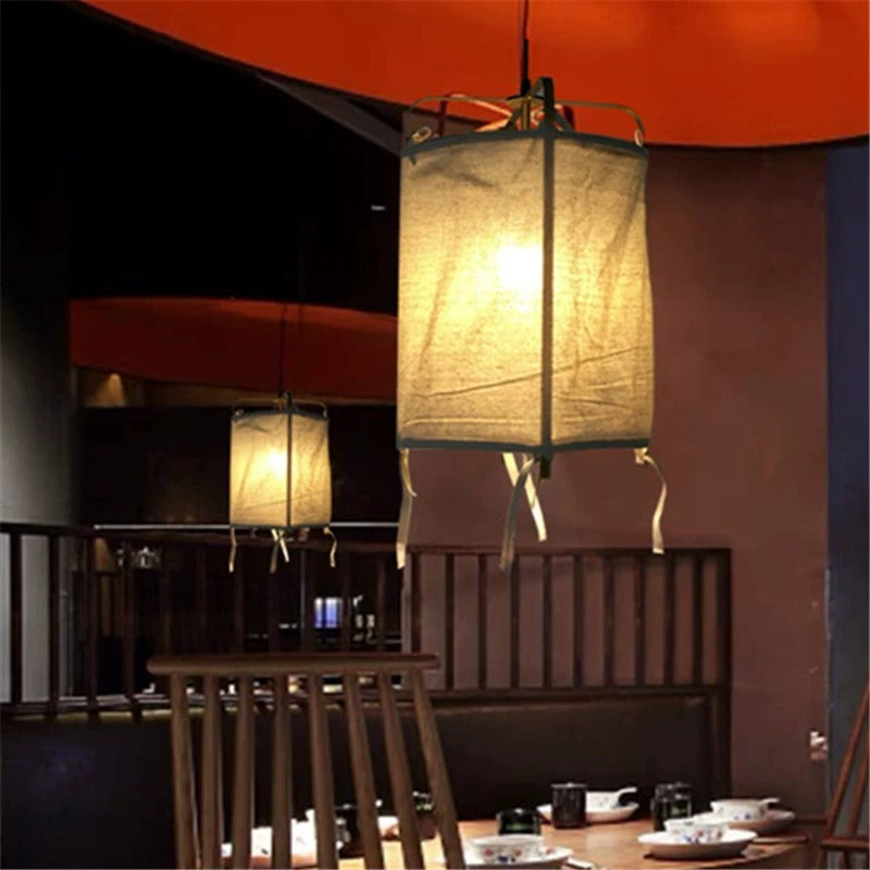 Suspension Luminaire Traditionnel Japonais Rectangulaire en Tissu de Fer à 1 Lumière pour Salon 