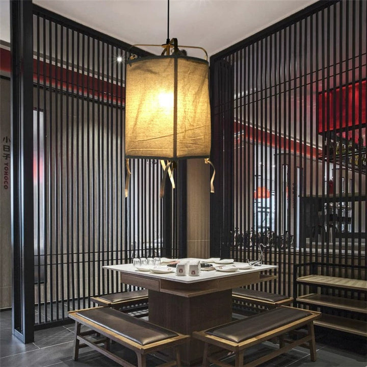 Suspension Luminaire Traditionnel Japonais Rectangulaire en Tissu de Fer à 1 Lumière pour Salon 