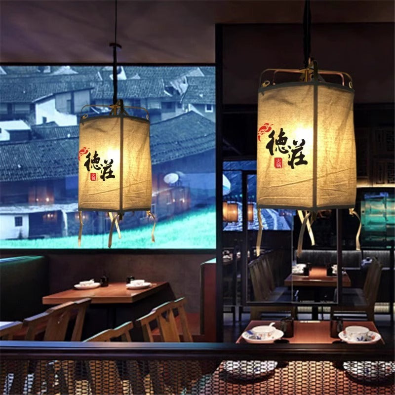 Suspension Luminaire Traditionnel Japonais Rectangulaire en Tissu de Fer à 1 Lumière pour Salon 