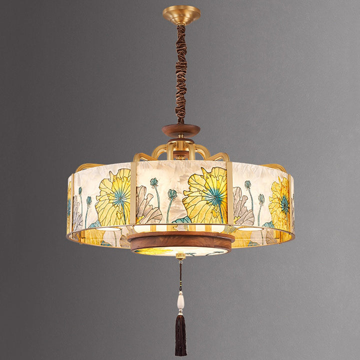 Chandelier traditionnel en cuivre, noyer noir et verre, cylindrique chinois, 6/8 lumières pour salon 