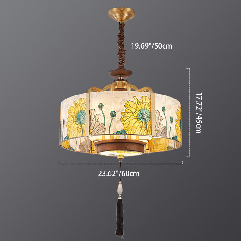 Chandelier traditionnel en cuivre, noyer noir et verre, cylindrique chinois, 6/8 lumières pour salon 