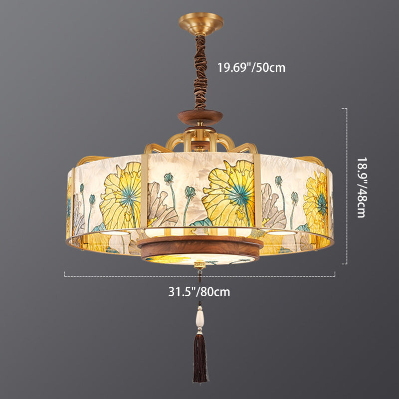 Chandelier traditionnel en cuivre, noyer noir et verre, cylindrique chinois, 6/8 lumières pour salon 