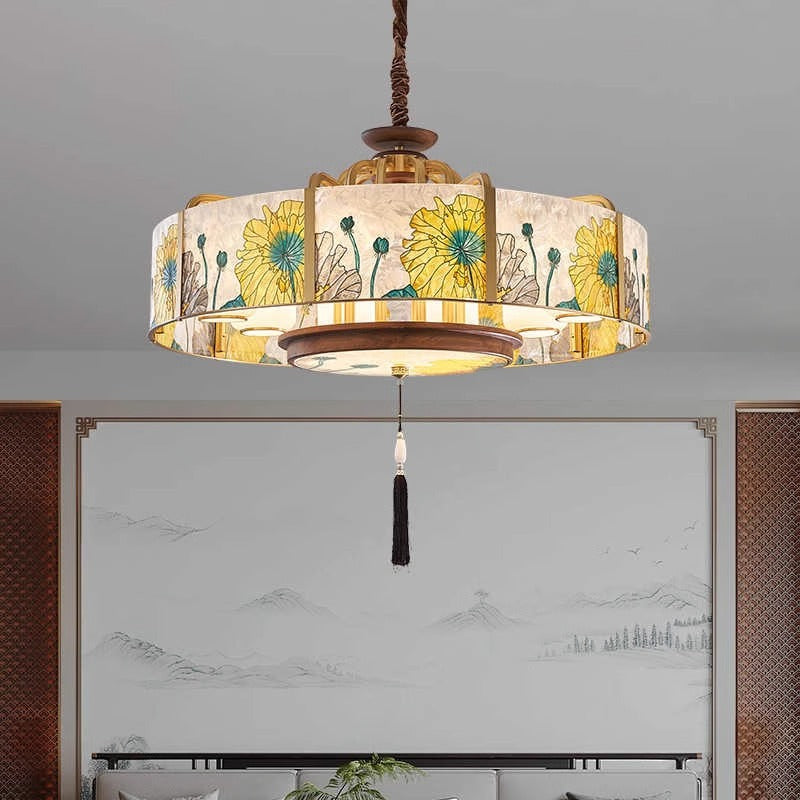 Chandelier traditionnel en cuivre, noyer noir et verre, cylindrique chinois, 6/8 lumières pour salon 