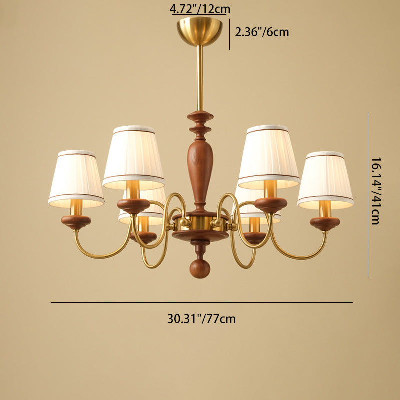 Lustre à 6 lumières en bois de frêne, tissu et métal, en forme de cône tronqué traditionnel français pour salon 