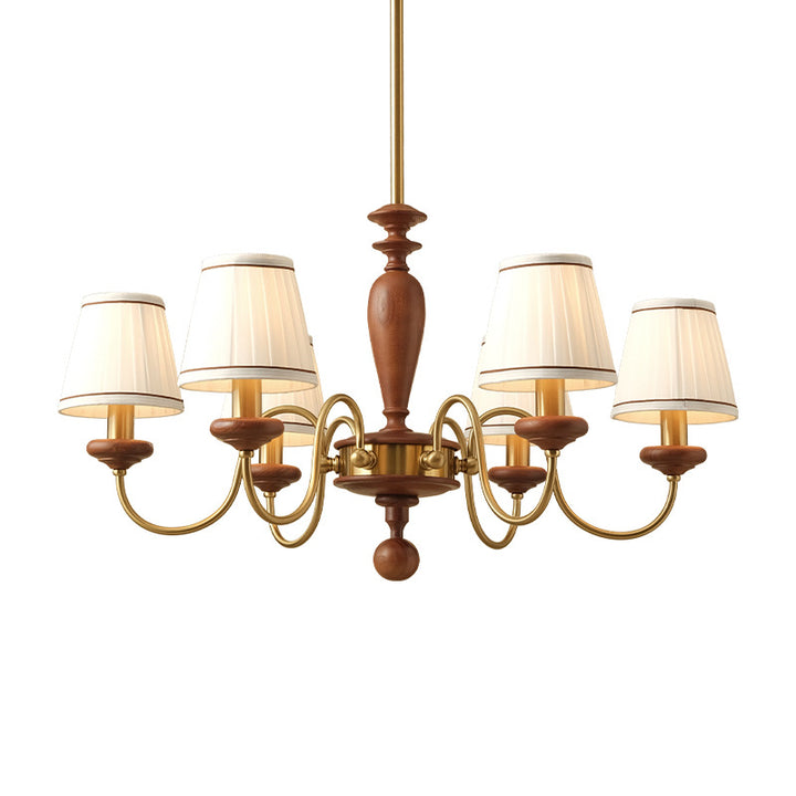 Lustre à 6 lumières en bois de frêne, tissu et métal, en forme de cône tronqué traditionnel français pour salon 