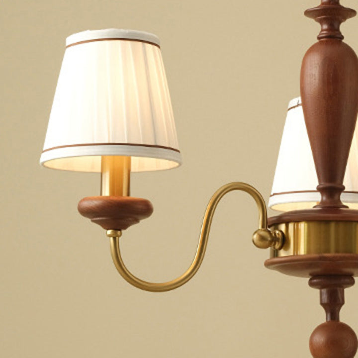 Lustre à 6 lumières en bois de frêne, tissu et métal, en forme de cône tronqué traditionnel français pour salon 