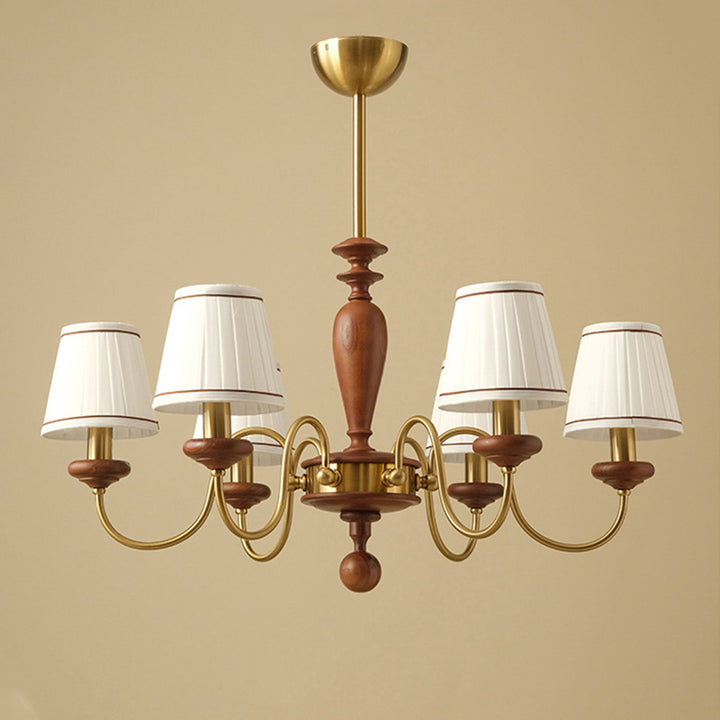 Lustre à 6 lumières en bois de frêne, tissu et métal, en forme de cône tronqué traditionnel français pour salon 