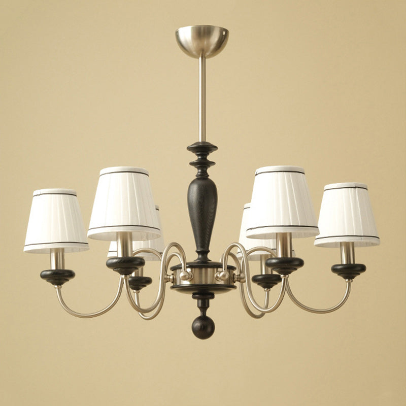 Lustre à 6 lumières en bois de frêne, tissu et métal, en forme de cône tronqué traditionnel français pour salon 