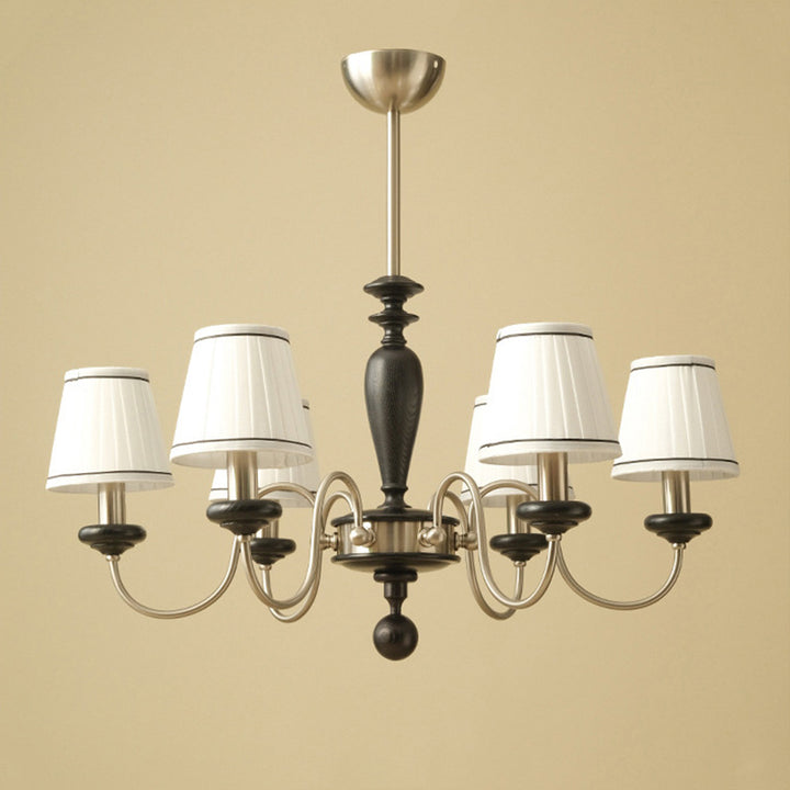 Lustre à 6 lumières en bois de frêne, tissu et métal, en forme de cône tronqué traditionnel français pour salon 