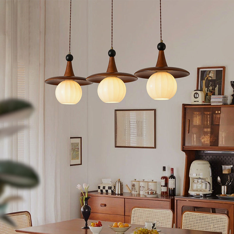 Traditionelle französische Kürbis-Globus-Eisen-Massivholz-Glas 1/3 Licht Kronleuchter Insel Licht für Esszimmer 